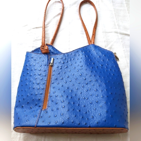 Borse in Pelle Italian Ostrich Leather Tote/Backpack Royal Blue and Tan - Picture 12 of 14